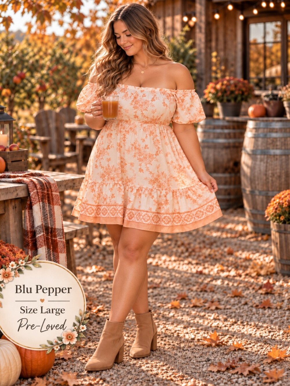 Blu Pepper Peach Floral Off-The-Shoulder Dress | Size Large